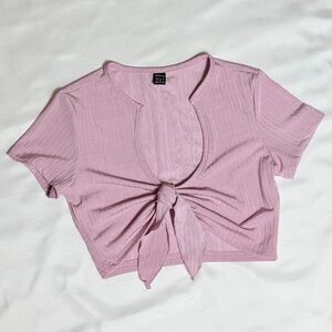 SHEIN Pink Ribbed Faux Tie Front Crop Top Short Sleeve Size M